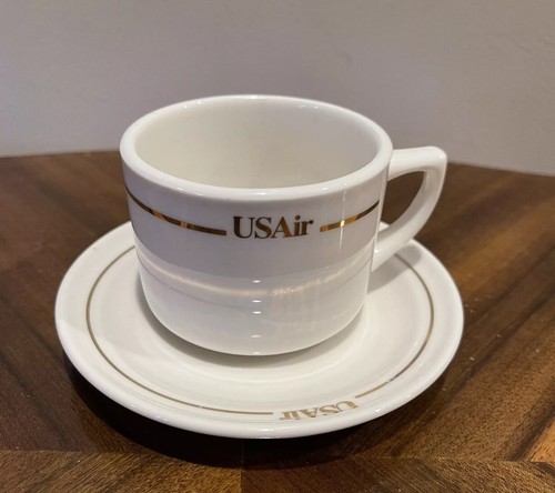 US AIR Airlines Gold Trim FIRST CLASS Coffee Cup and Plate BY ABCO Vintage Ceram