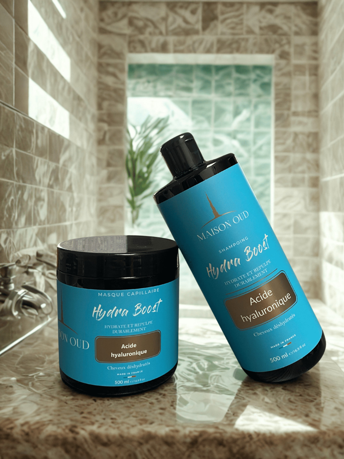 Maison Oud Hydra Boost kit shampoing et masque à l'acide hyaluronique après le soleil