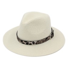 Summer Panama Hat Women's Sun Hat Beach Foldable Floppy Brim Leopard Belt Travel