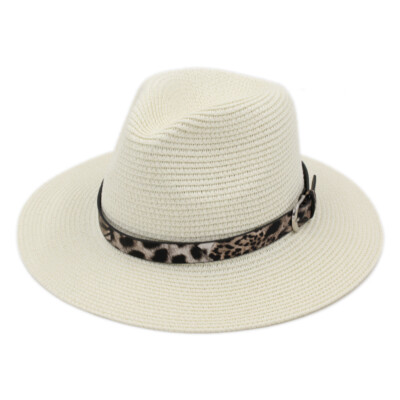 Summer Panama Hat Women's Sun Hat Beach Foldable Floppy Brim Leopard Belt  Travel