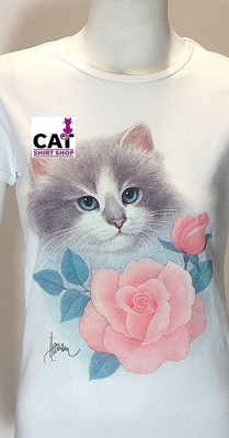 Cat Shirt, Blue Eyed Kitty Kat with Pink Rose T-Shirt, Feline & Feminine, Gift