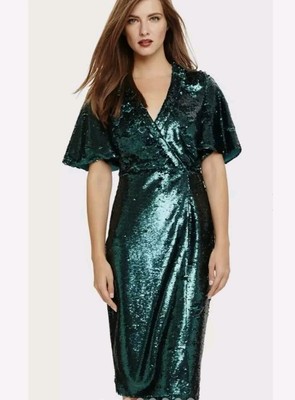 Neu Phase Eight Kyra Paillettenkleid Größe 10 Jade Wickeloptik Weihnachten 169 £