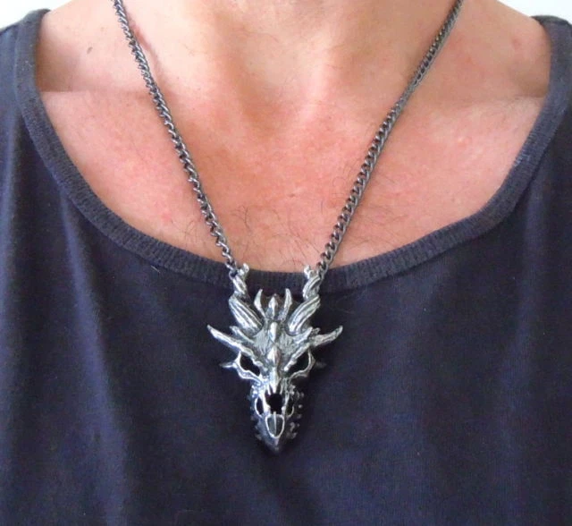 Collar de peltre fino colgante calavera dragón feroz grande gótico alquimia para hombre P625 Foto 3 de 3