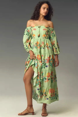 Farm Rio x Anthropologie Off-The-Shoulder Tiered Floral Midi Maxi Dress LP L P