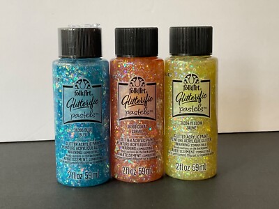 3 NEW Bottles Folkart Glitterific Pastel Paints, Blue, Yellow & Coral Pink