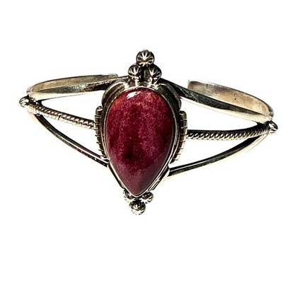 Vintage Mexican Sterling Silver Rhodonite Cuff Bracelet 925 Artisan Split Band