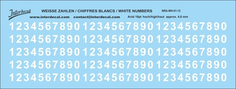 Chiffres Arial 12 18pt 4,6mm haut Décalcomanies blanc 127x35mm INTERDECAL - Photo 1/1