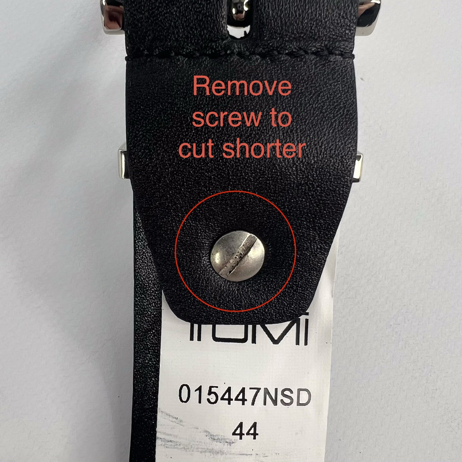 TUMI Smooth Black Leather Dress Belt Golf Casual Silver Logo Buckle Adjustable
