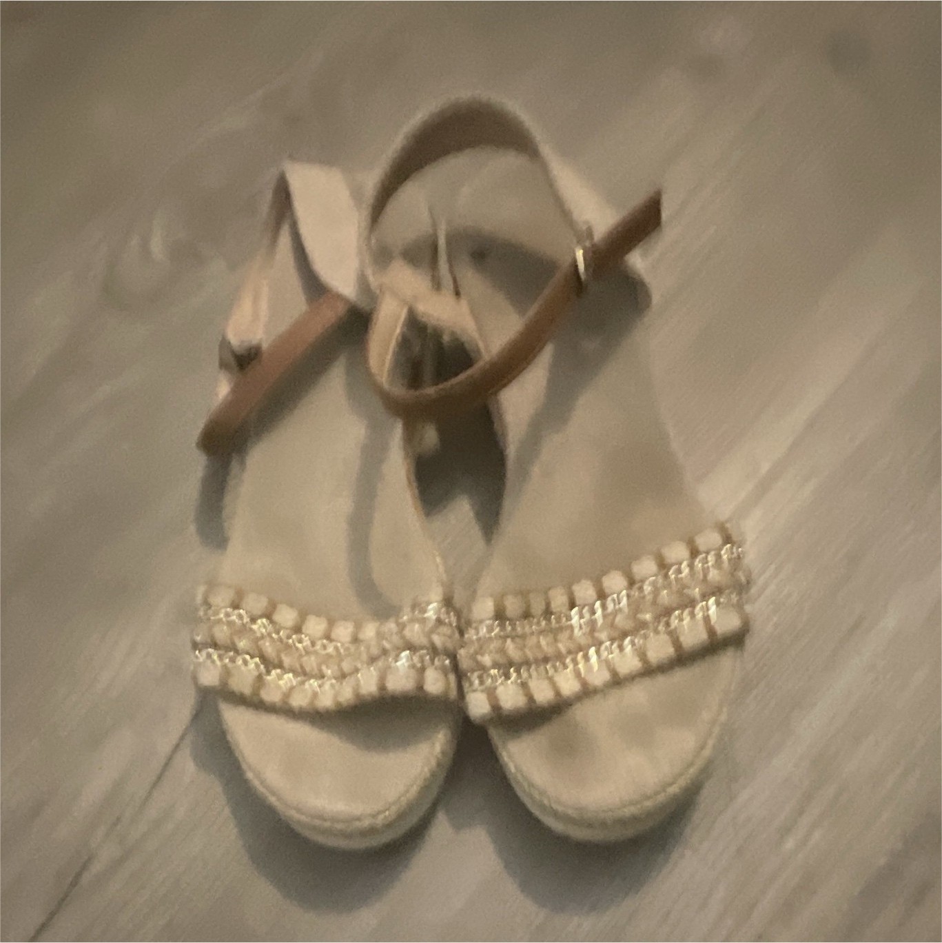 Women’s Beige Strappy Wedge Sandals Beaded Ankle Strap Buckle Synthetic 7.5