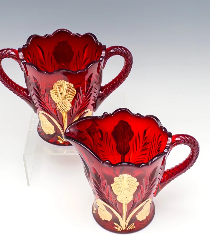 Mosser Glass Inverted Thistle Sugar Creamer Set Ruby Glass Gold Decoration - Image 2 of 4