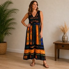 Vtg 90s Carole Little Maxi Dress Size 12 Art to Wear Black Multi Abstract