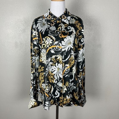 Boston Proper Satin Blouse Top Womens 16 Black White Floral Scarf Print Stretch