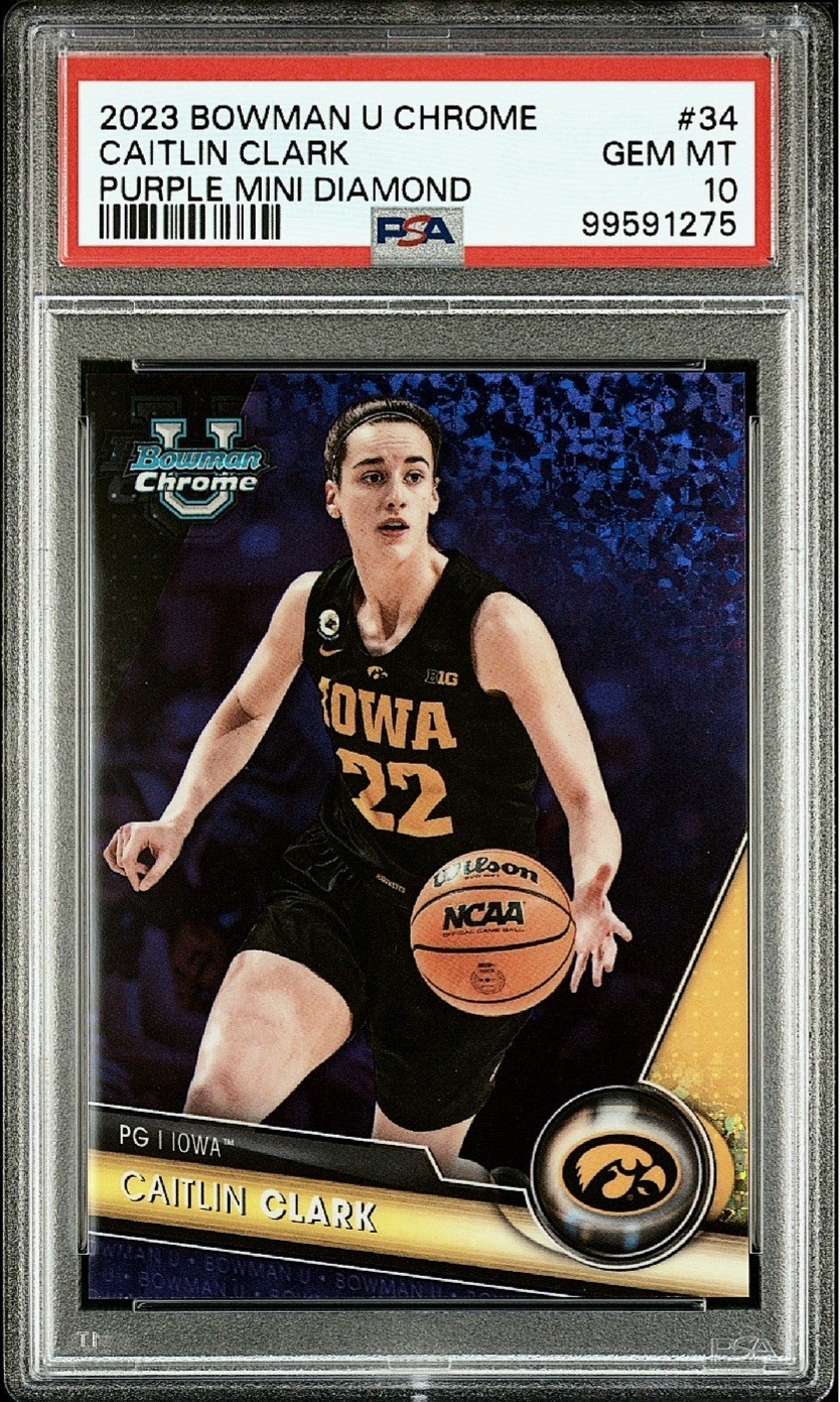 🔥 CAITLIN CLARK /399 2023 BOWMAN U CHROME #34 PURPLE MINI DIAMOND PSA 10