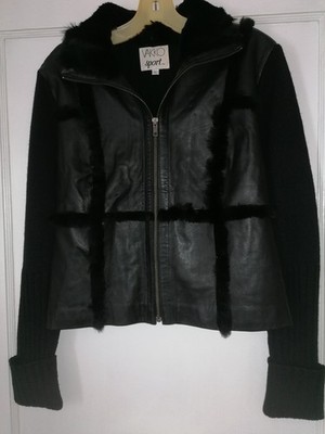 VAKKO SPORT Black Genuine Leather 100% Wool Rabbit Fur Trim Jacker Women Size L