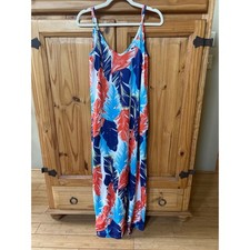 Tropical Leaf Print Maxi Dress Red Blue White Adjustable Straps Pockets S/M