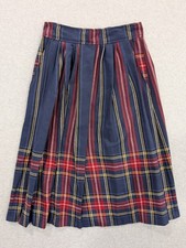 Vintage 70s Wool Tartan Plaid Midi Skirt Pleated Preppy 12 Blue Red Academia