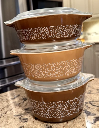 1970's Pyrex Woodland Casserole Dishes & Lids 471, 472, 473 Vintage  A Beauty