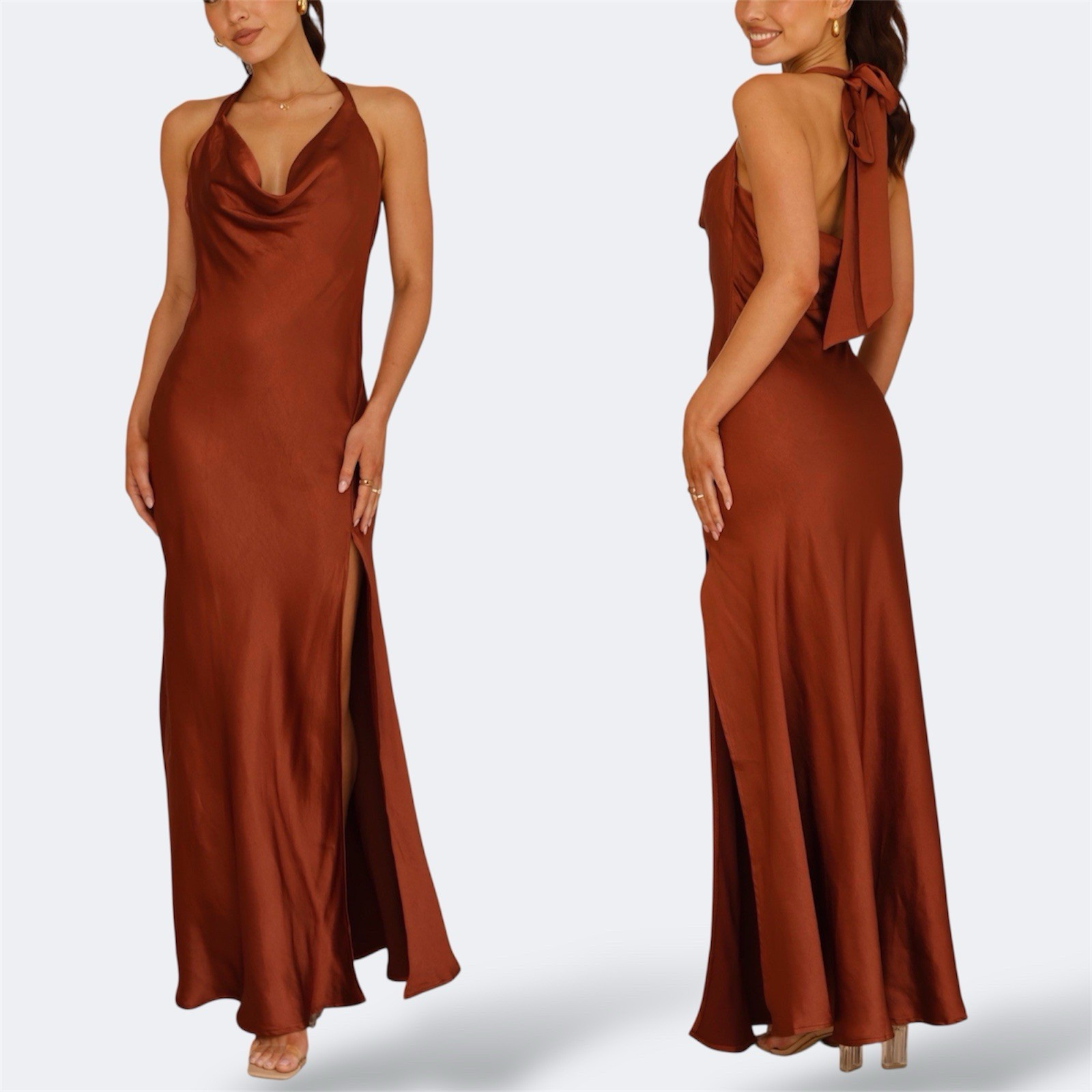 Billy J Sian Halter Maxi Dress AU 16 / US 12 / XXL Satin Tie Leg Slit Rust NWT