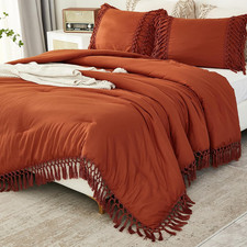 Burnt Orange Comforter Set California King, 3 Pieces Boho Cal King Tassel Lightw