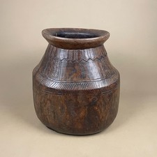 Wood Pot Carved Large Vessel Tribal Planter Grain Jar Rustic Vintage Wabi Sabi