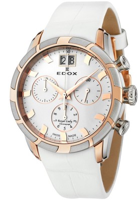 Edox Women's 10018 357R AIR Royal Chronograph White Dial Genuine Leather Watch 