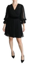 DOLCE & GABBANA Dress Silk Blend Black Mesh Pleated Mini IT42/US8/M RRP $3500