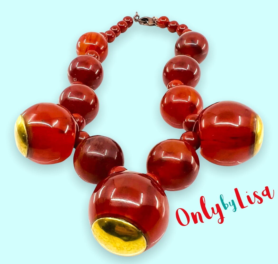Rust Bakelite Necklace with Brass Trim, Chunky St… - image 2