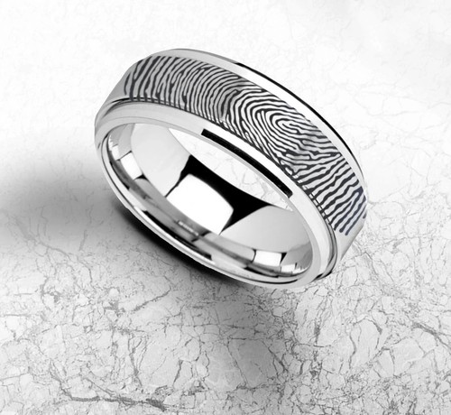 Unisex Silver Tungsten Fingerprint Minimalist Wedding Fidget Spinner Ring - 8mm - Picture 1 of 3