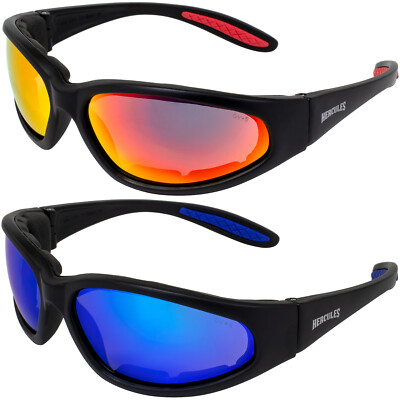 2 Pair Global Vision Hercules Black Biker Sunglasses Red + Blue Mirror Lenses