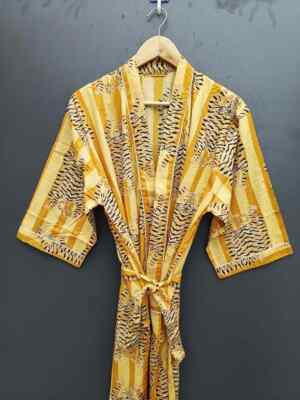 Indian Tiger Printed 100% Cotton Robe Long Kimono Sleepwear Night Kimono Dress