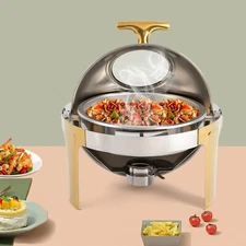 Roll Top Chafing Dish Buffet Set Gold Accent 6.3 Quart Round Stainless Steel