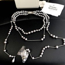 Vivienne Westwood Necklace 3-strand Broken Pearls Long Orb Gray IN BOX
