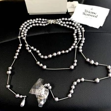 Vivienne Westwood Necklace 3-strand Broken Pearls Long Orb Gray IN BOX