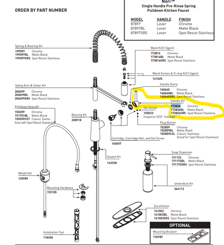 Moen 173826 Replacement Chrome Handle Kit For Nori Kitchen Faucet 87897 ...