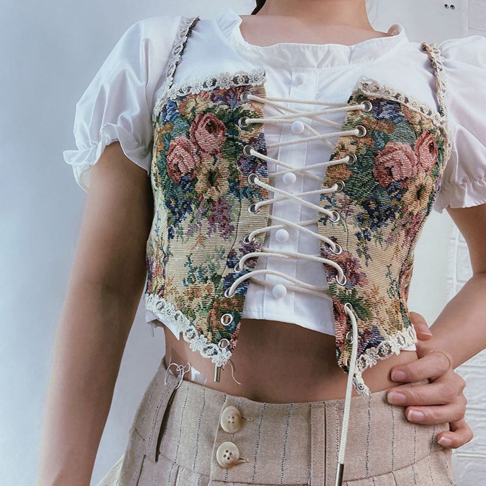 Floral Bustier Crop Top-French Vintage Corset Tops Lace Up