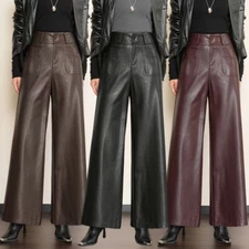High Waist Womens Real Leather Wide Leg Long Trousers Straight Pants Casual Size