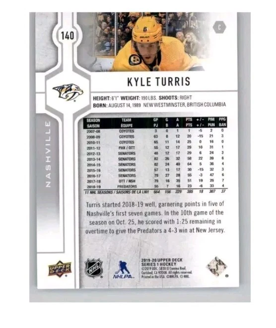 2019-20 Upper Deck - #140 Kyle Turris - Image 2 of 2
