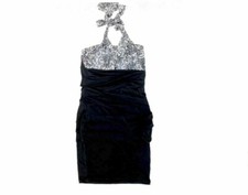 Carole Little 4 Black Gray Bandage Cocktail Dress Sleeveless Short Fitted Halter