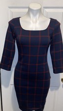 EXPRESS NAVY BLUE/RED WINDOW PANE PLAID 3/4 SLV PONTE KNIT SHEATH XS