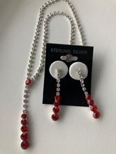 Fashion Jewelry Set - Red  White Rhinestone Crystal Dangle Necklace  Earring S