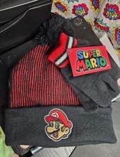 Nintendo Super Mario Stocking Cap Toddler Hat Pair of Gloves Black Red NWT Game