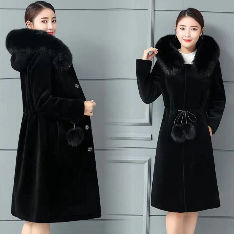 Black hooded faux 2025 fur midi coat