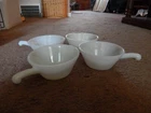 4 Fire King White Milk Glass Soup Chil Bowl with Handle Set Ovenproof VINTAGE
