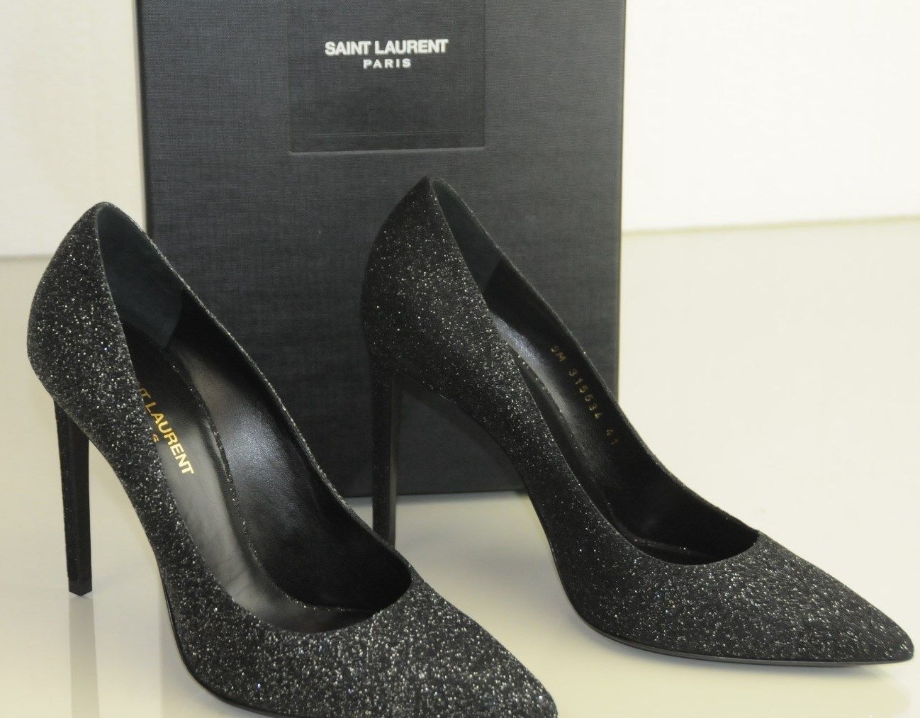 SCARPE DEPUMPS Nuove $950 YSL SAINT LAURENT PARIS nero argento scintillante 41 borsa 10 5