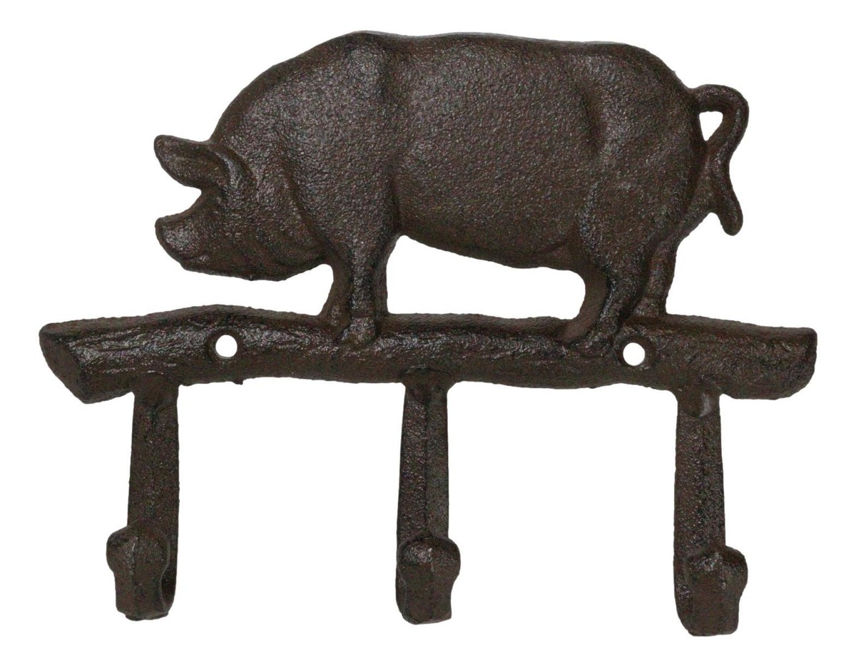 Cast Iron Rustic Farmhouse Hog Boar Pig Peg Wall Hooks Organizer