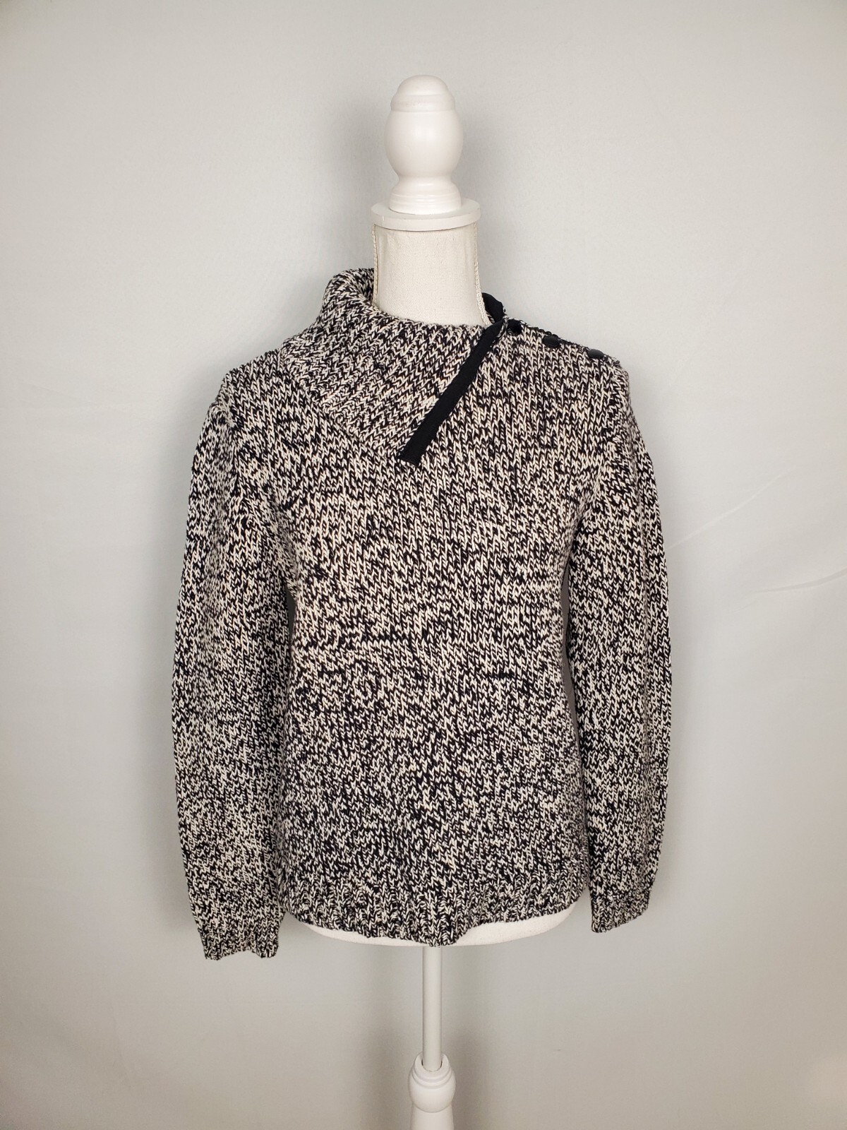Chaps Petite Black & White Sweater Asymmetrical Buttoned Collar Women's Size PL.