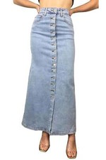 Women's Juniors Button-Down Long A-Line Stretch Denim Maxi Skirt (221-SKT)