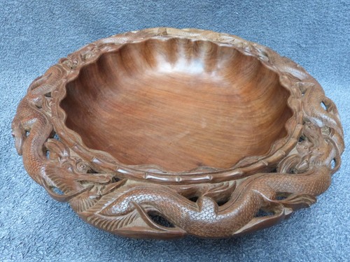 GRANDE CIOTOLA CENTROTAVOLA VINTAGE IN LEGNO INTAGLIATO A MANO DESIGN DRAGO ORIENTALE - Foto 14 di 14