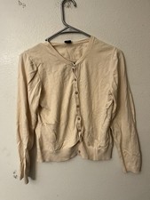 GAP, Size L Button Lightweight, Cardigan Sweater Crew Cotton Long Sleeve Beige
