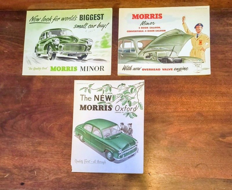 Three Vintage Morris Oxford and Morris Minor Fold Out Brochures 1953-54-55.